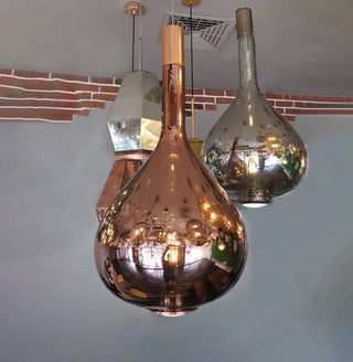 Blown amber glass pendant light, designer drop shape for contemporary dining