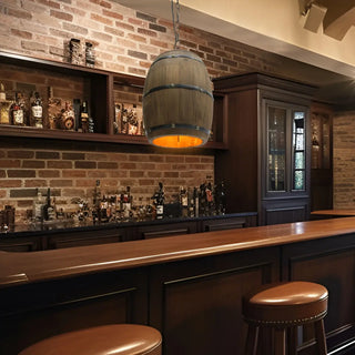 Industrial wooden barrel pendant ceiling fixture, warm ambient hanging lamp