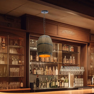 Wooden barrel pendant light, industrial warm ambient hanging ceiling lamp