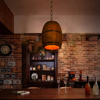 Industrial wooden barrel pendant lamp, warm ambient hanging ceiling light fixture