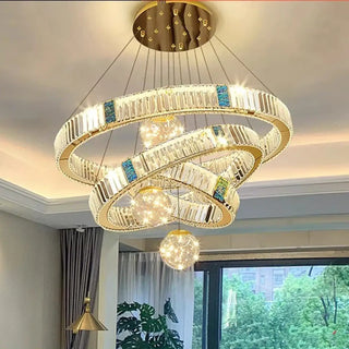 Gold ring crystal chandelier illuminated — luxury LED pendant light