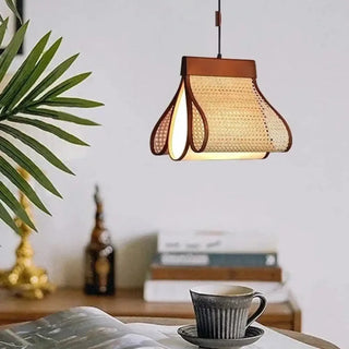 Natural rattan pendant lamp detail — woven fiber ceiling light