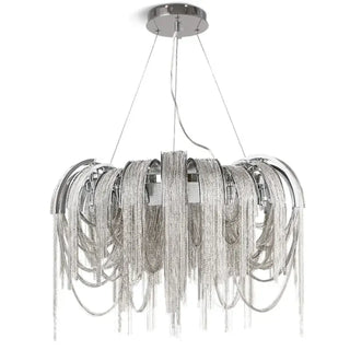 Metal fringe pendant light close-up, luxury modern soft ambient hanging ceiling lamp