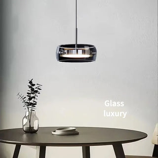 Smoked glass warm pendant, minimalist light diffuser cozy living room ceiling