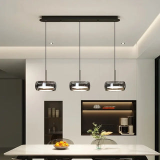 Minimalist smoked glass pendant lamp, warm light diffuser living room