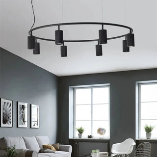 Circular wood pendant lamp close-up — natural grain LED ceiling light