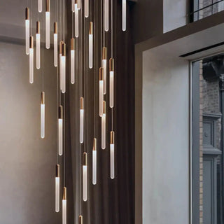 Suspended tube pendant ceiling fixture, minimalist elegant hanging lamp detail