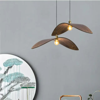 Modern wing pendant light in natural wood, sculptural hanging ceiling lamp
