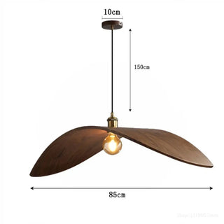 Wing-shaped wood pendant lamp close-up, modern sculptural ceiling hanging fixture