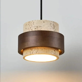 Modern wood and natural stone pendant lamp, warm ambient glow hanging ceiling light