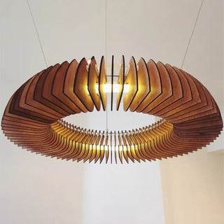 Wood pendant lamp in cozy interior — soft ambient hanging light