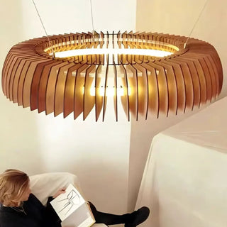 Modern wood pendant close-up — designer ambient ceiling fixture