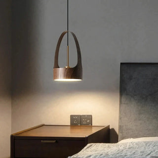 Modern wood and metal pendant light, designer adjustable intensity ceiling lamp