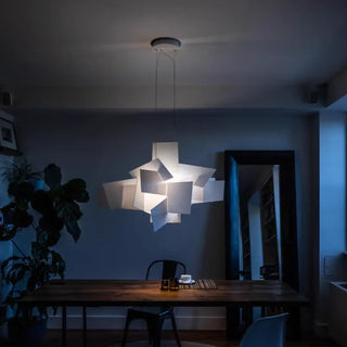 Red white pendant light close-up, modern geometric hanging ceiling lamp