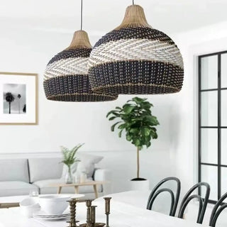 Hand-woven wicker pendant light close-up, bohemian chic artisan ceiling hanging lamp