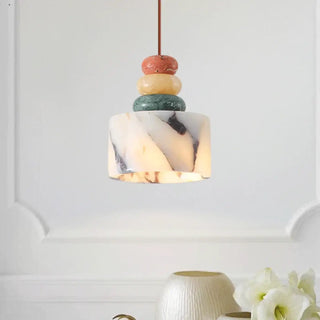 Natural stone handcrafted pendant light, colored warm ambient ceiling fixture