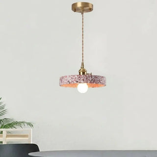 Terrazzo pendant light close-up, vintage durable stone hanging ceiling lamp
