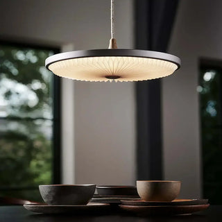 Pleated paper pendant light, sculpted black metal modern ceiling fixture