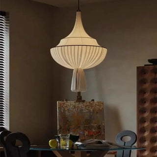 Decorative lantern pendant light with pleated shade, soft ambient glow for dining room