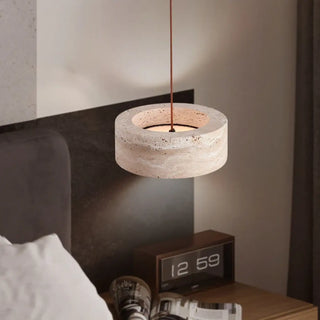Round stone travertine pendant lamp, soft glow warm ambient ceiling hanging light