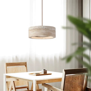 Travertine round stone pendant light, soft glow warm ambient ceiling fixture