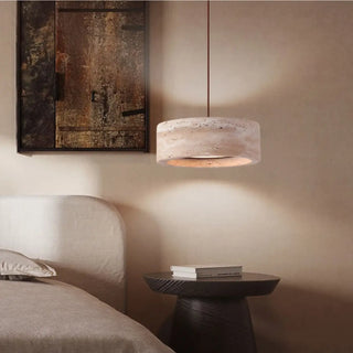 Stone travertine pendant light, round soft glow warm ambient ceiling fixture