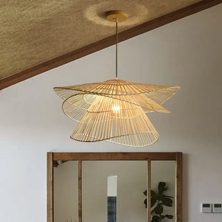 Designer 3-tier rattan pendant lamp, natural woven dining room ceiling light