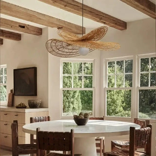 Bohemian handmade rattan pendant lamp with woven shade, hanging ceiling light