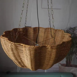 Shell-shaped rattan pendant ceiling fixture, handmade soft ambient hanging lamp