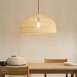 Rattan pendant light, beige woven shade natural kitchen ceiling fixture