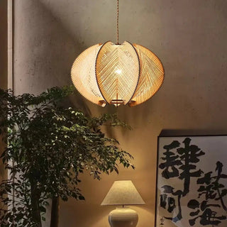 Designer round rattan pendant lamp, natural boho woven ceiling hanging light