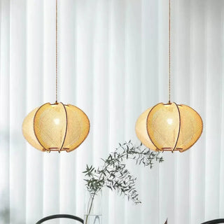 Round woven rattan pendant light, natural boho ceiling hanging fixture