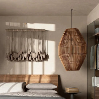 Wicker rattan pendant light, hygge dining room decor, warm natural illumination