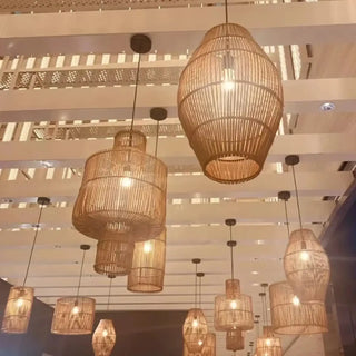 Natural rattan pendant lamp, Scandinavian design, woven fiber ceiling fixture