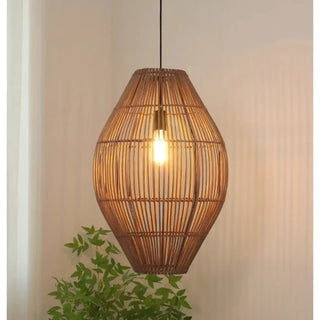 Rattan pendant light, Scandinavian woven design, warm cozy dining room glow