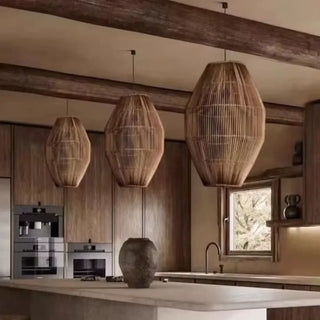 Handwoven rattan hanging lamp, natural fiber ceiling fixture, Nordic dining style