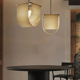 Beige linen pendant lamp in interior — minimalist Asian ceiling fixture