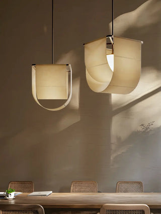 Asian pendant lamp close-up — metal frame with beige fabric shade