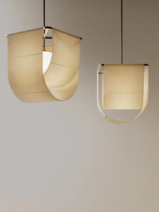 Asian-style beige fabric pendant with metal frame — Zen decor ceiling lamp