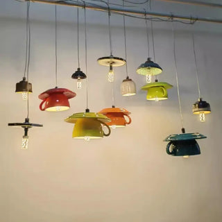 Cup pendant ceiling fixture, modern glossy design, warm ambient home lighting
