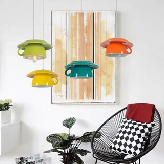 Designer cup shaped pendant, glossy modern finish, warm ambient dining lamp