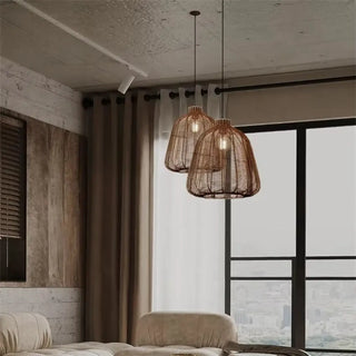 Rattan woven pendant ceiling fixture, modern bathroom hanging lamp with soft glow