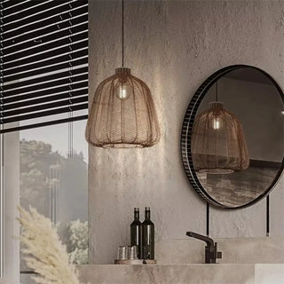 Woven rattan pendant light, modern bathroom hanging ceiling lamp with soft ambient glow
