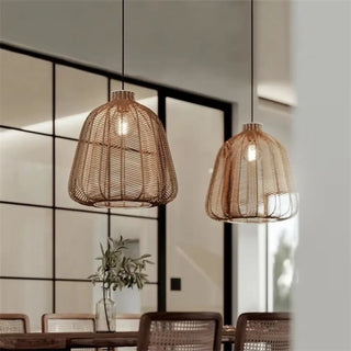 Woven rattan pendant light close-up, modern bathroom hanging ceiling lamp