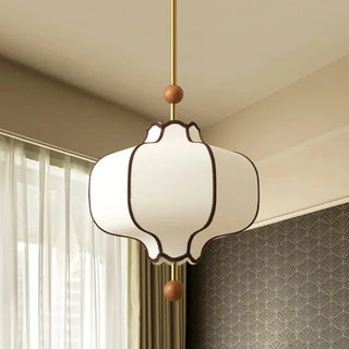 White fabric pendant light close-up, modern soft ambient hanging ceiling lamp