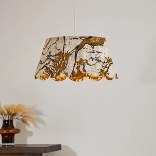 Decorative embroidered fabric pendant ceiling fixture with gold motif, hanging lamp