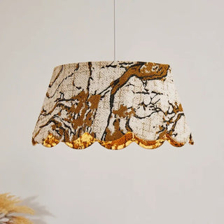 Embroidered fabric pendant lamp with gold motif, decorative hanging ceiling light