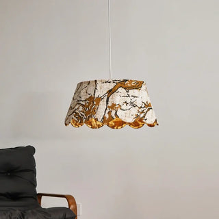 Gold motif embroidered pendant light, decorative fabric hanging ceiling lamp