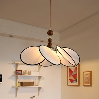 Minimalist fabric pendant light close-up, Scandinavian soft ambient hanging ceiling lamp