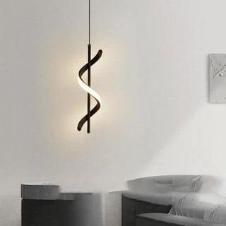 LED swirl pendant light close-up, modern adjustable hanging bedroom ceiling lamp